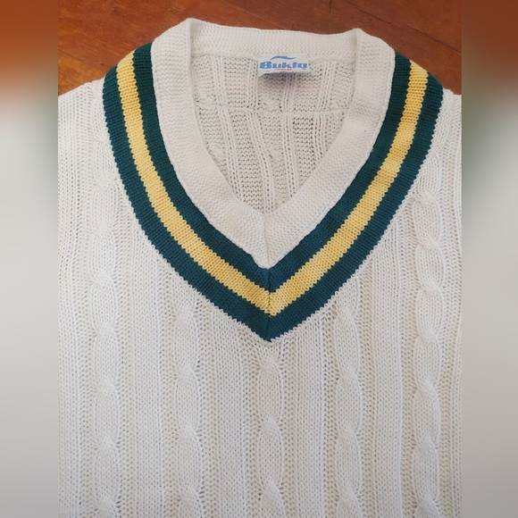 Men's Vintage Bukta Cable Knit V-Neck Sweater Vest with Green & Yellow Trim - Picture 3 of 5